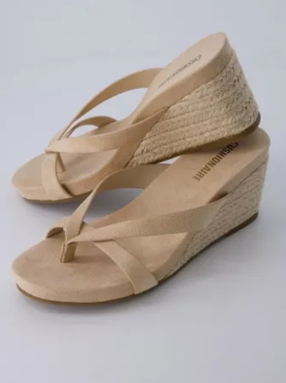 Neutral Beige Tan Wedge Thong Sandals with Braided Espadrille Heel